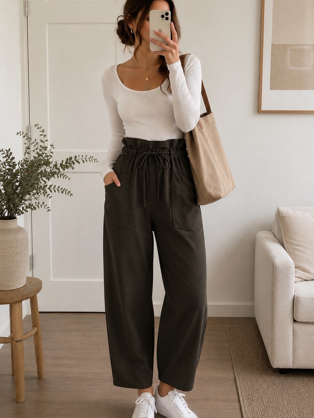 Zara Linen Blend Paperbag Pants Olive Green Relaxed Wide Leg L